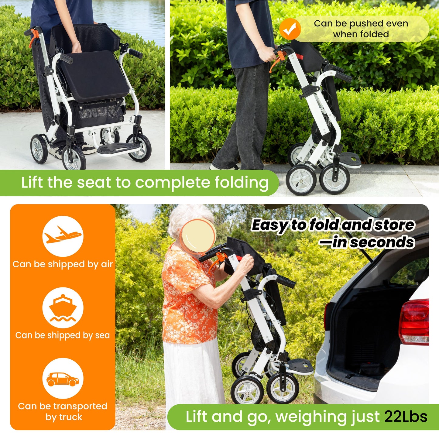 WEYRAL 2-in-1 Folding Rollator Walker & Transport Chair , Lightweight Mobility Aid