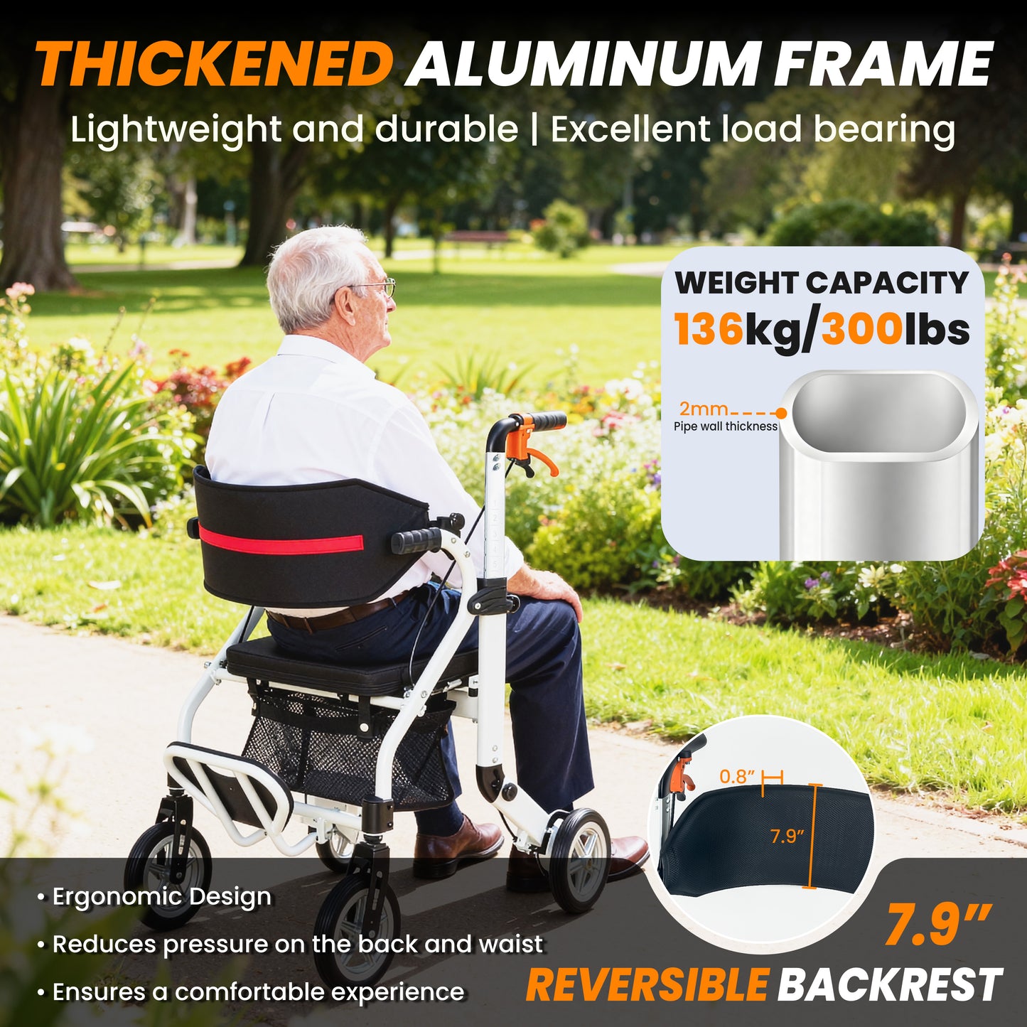 WEYRAL 2-in-1 Folding Rollator Walker & Transport Chair , Lightweight Mobility Aid