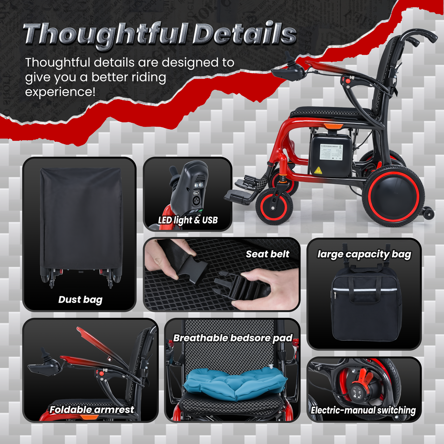 WEYRAL Ultra-Light Carbon Fiber Electric Wheelchair, 13.8 KG , 48 KM