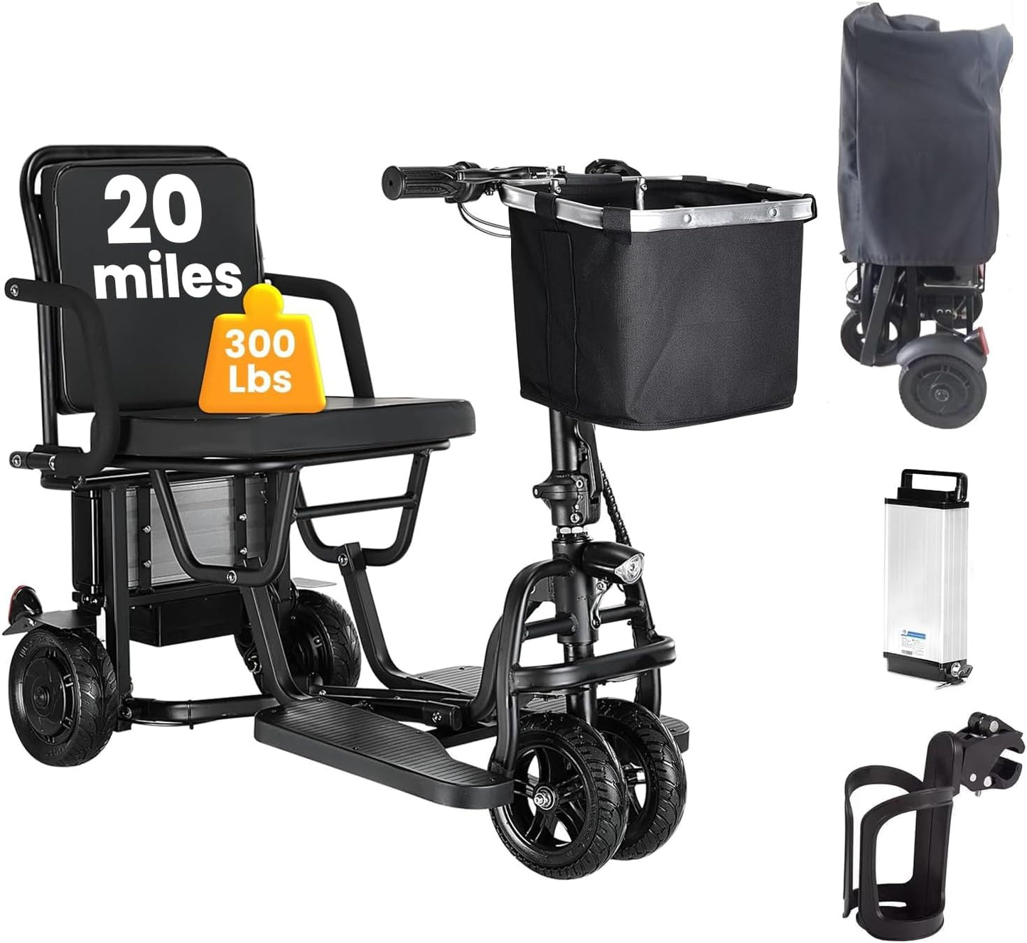 Mobility Scooter for Senior, 20-Mile Range & 9.3mph Speed, Dual Front Wheels for Stability, 300lb Capacity Power Mobility Scooter for Travel