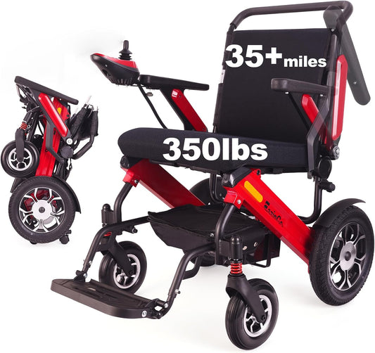 35+ Miles Extra Long Travel Range, Electric Wheelchair for Adults Lightweight Foldable, All Terrain Motorized Power Wheelchair Portable, Airline Approved (2 Batteries)