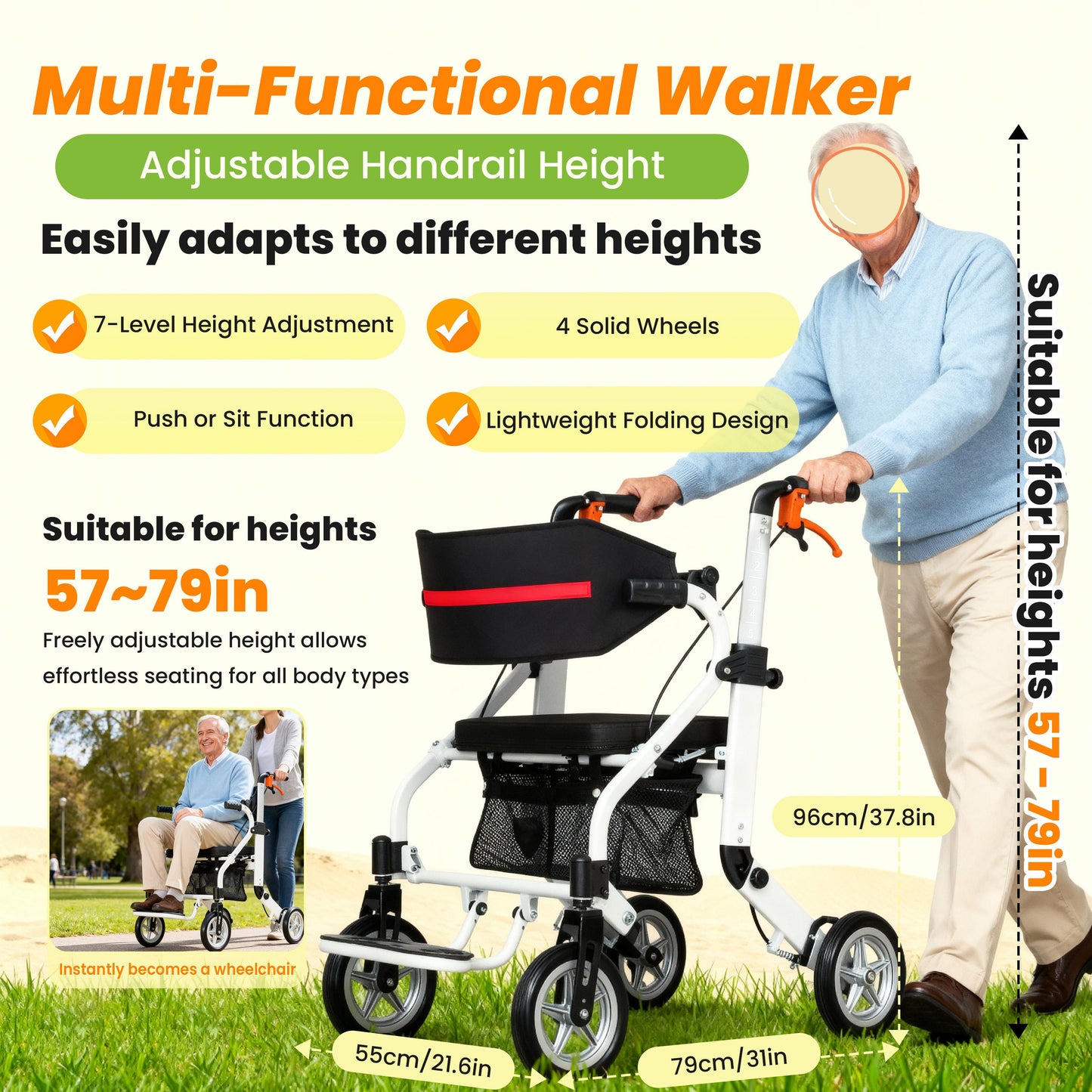 WEYRAL 2-in-1 Folding Rollator Walker & Transport Chair , Lightweight Mobility Aid