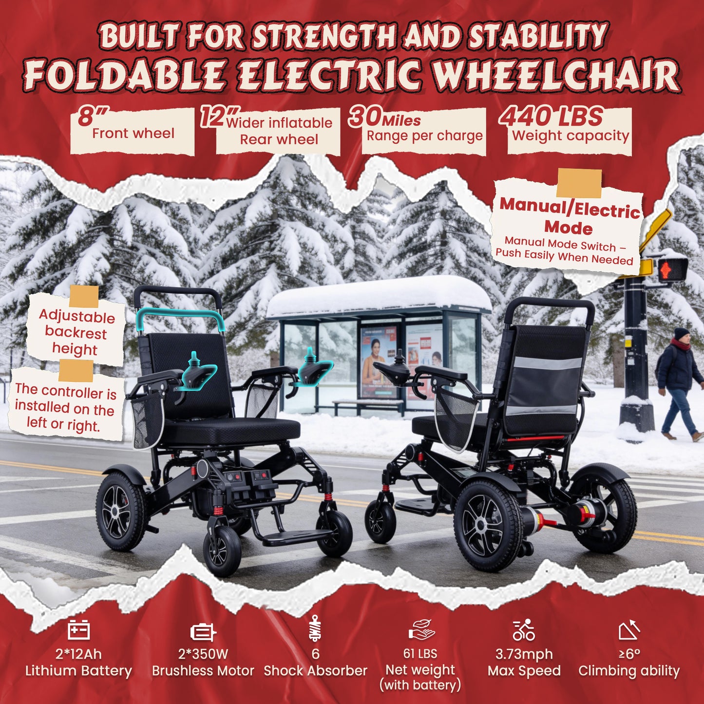 WEYRAL Foldable Electric Wheelchair 440lbs Heavy Duty Capacity, 30 Miles
