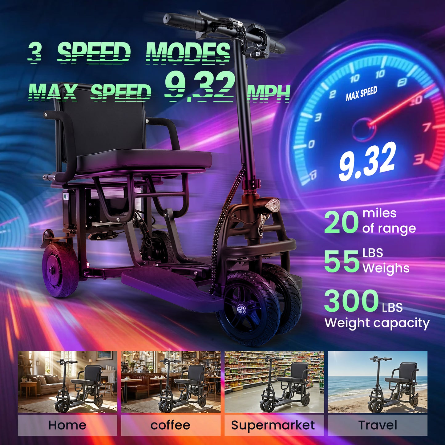 WEYRAL 3-Wheel Electric Mobility Scooter , 300W Motor & 32km Long Range