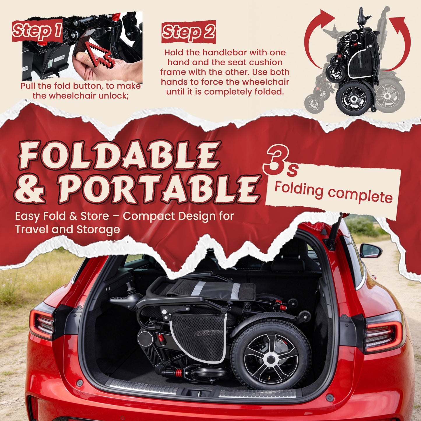 WEYRAL Foldable Electric Wheelchair 440lbs Heavy Duty Capacity, 30 Miles