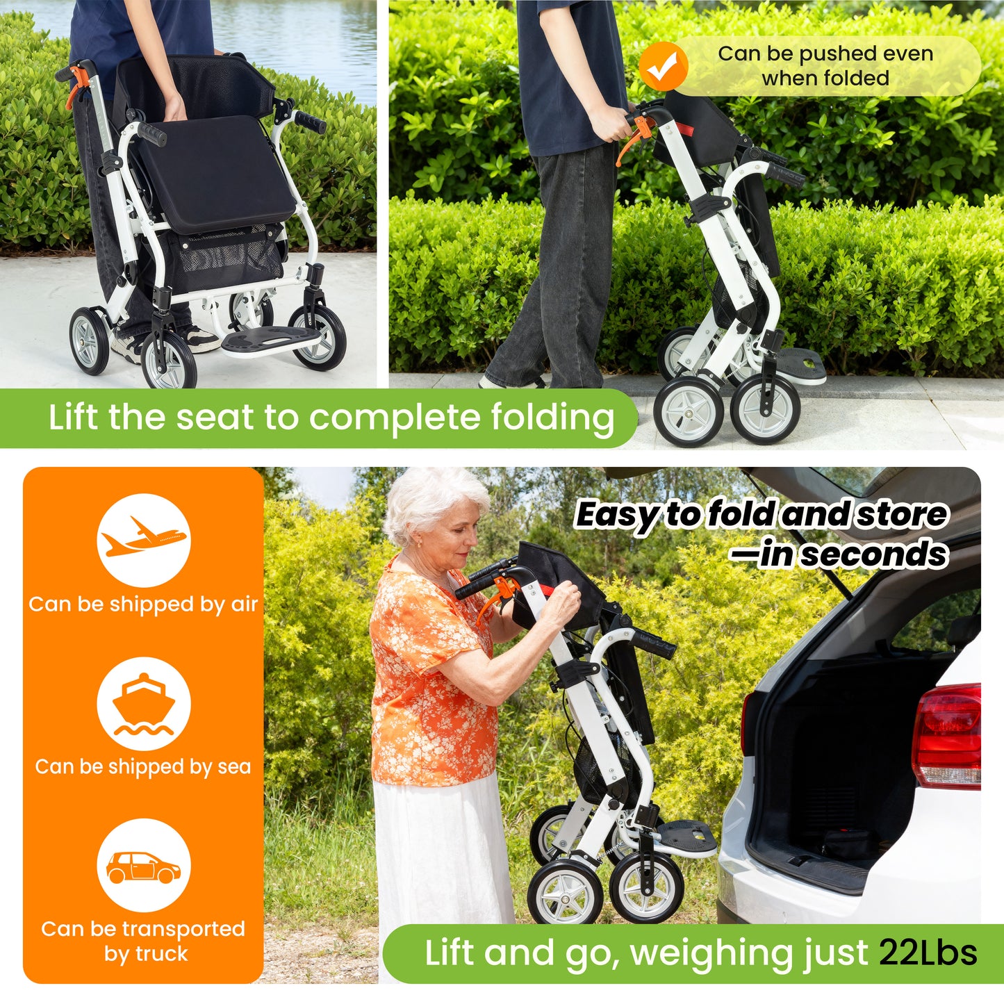 WEYRAL 2-in-1 Folding Rollator Walker & Transport Chair , Lightweight Mobility Aid