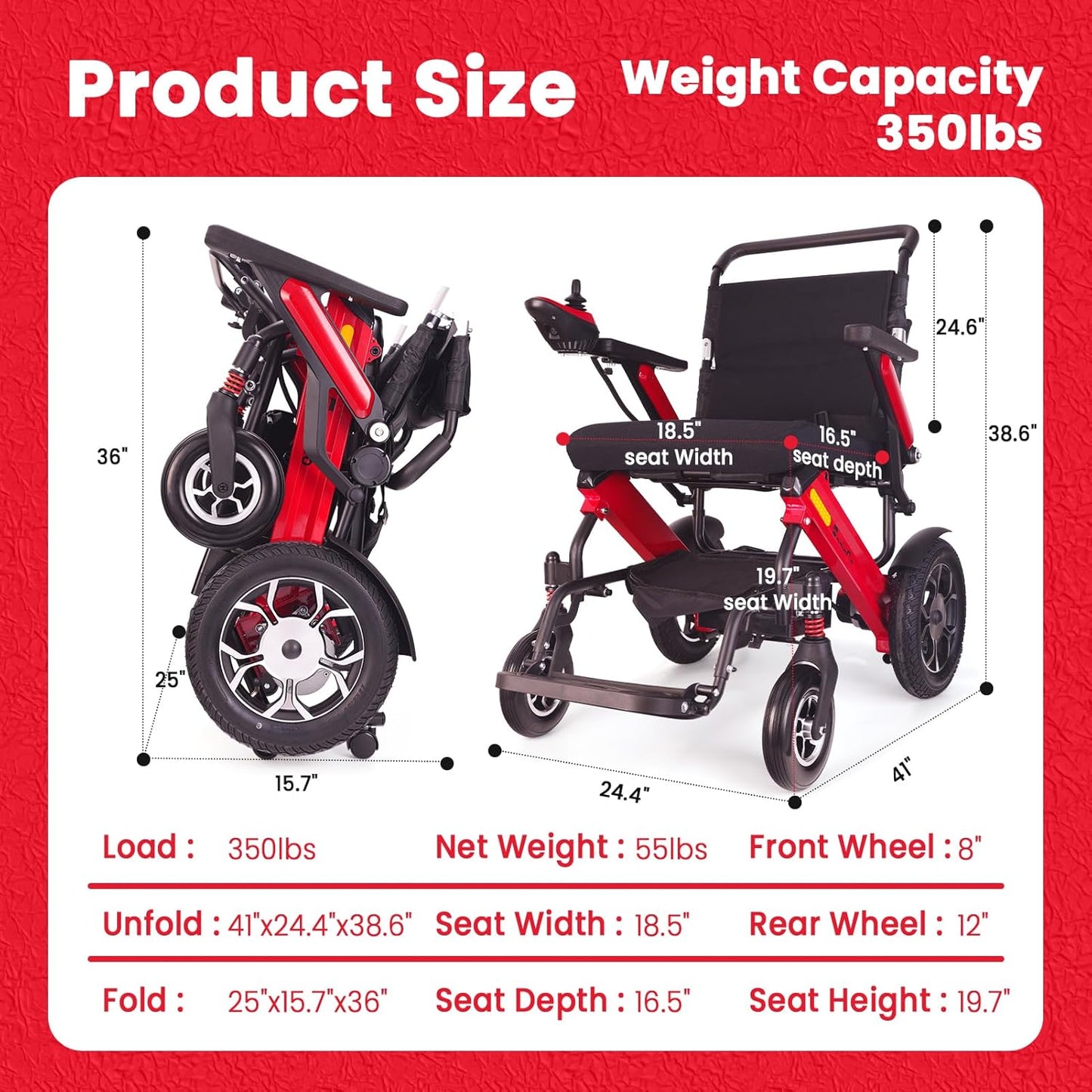 35+ Miles Extra Long Travel Range, Electric Wheelchair for Adults Lightweight Foldable, All Terrain Motorized Power Wheelchair Portable, Airline Approved (2 Batteries)