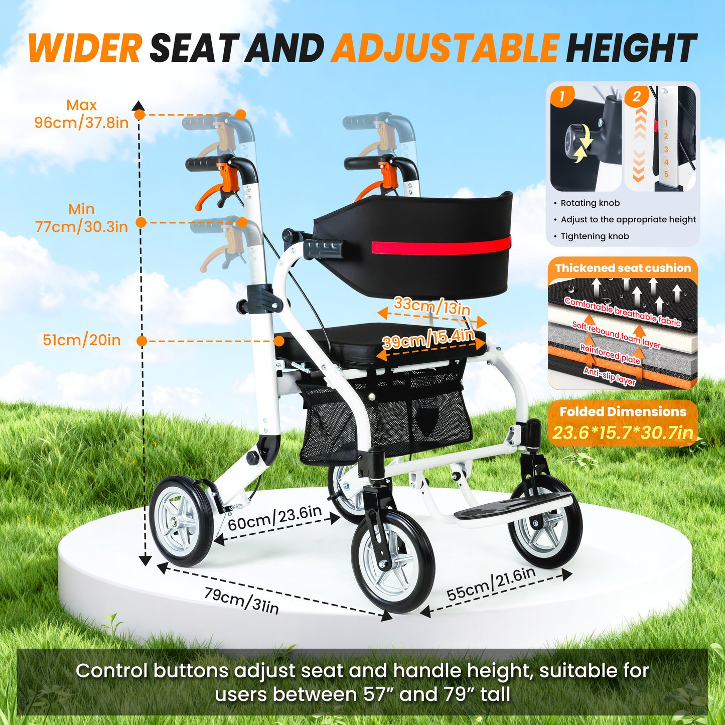 WEYRAL 2-in-1 Folding Rollator Walker & Transport Chair , Lightweight Mobility Aid