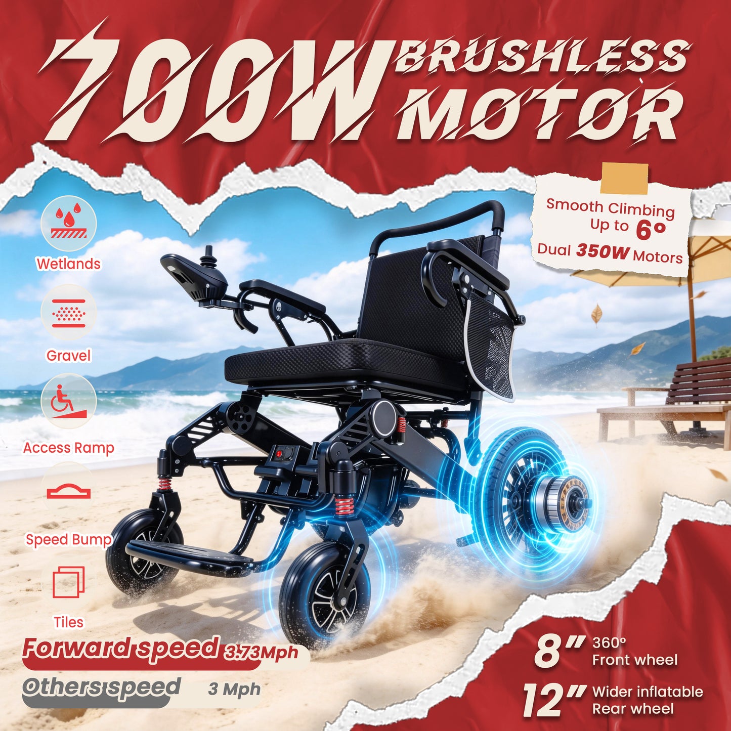 WEYRAL Foldable Electric Wheelchair 440lbs Heavy Duty Capacity, 30 Miles