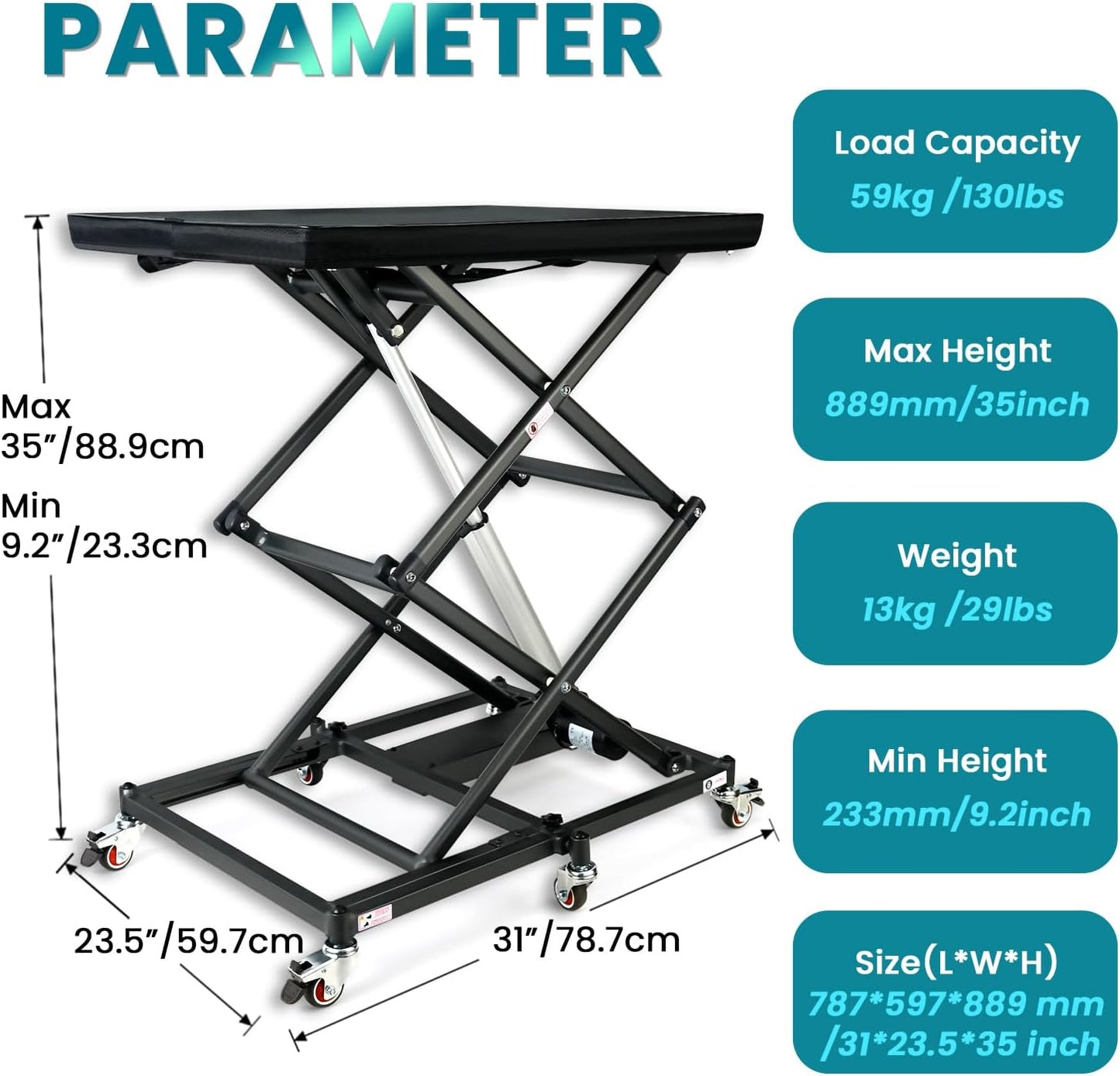 Electric Scissor Lift Table, 9.2''-35'' in Height Adjustable Lifting Platform, work bench table with 6 Wheels, Hydraulic Scissor Cart for Material Handling