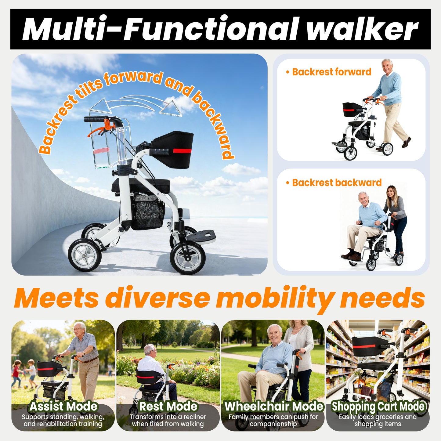 WEYRAL 2-in-1 Folding Rollator Walker & Transport Chair , Lightweight Mobility Aid