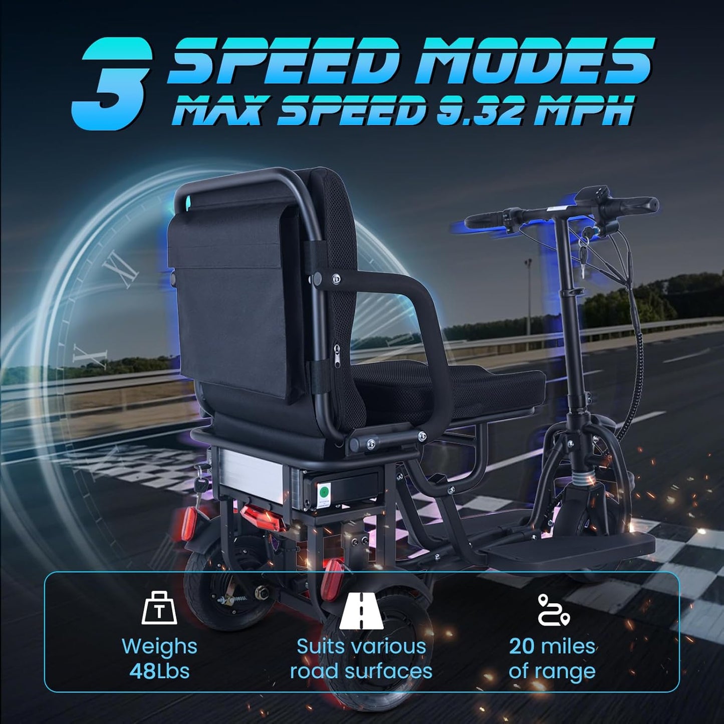 WEYRAL Electric Mobility Scooter for Adults, 3 Speed Modes 9.32MPH Max Speed, Senior Scooter with Automatic Cruise Control, Only 48lbs Support 300lbs