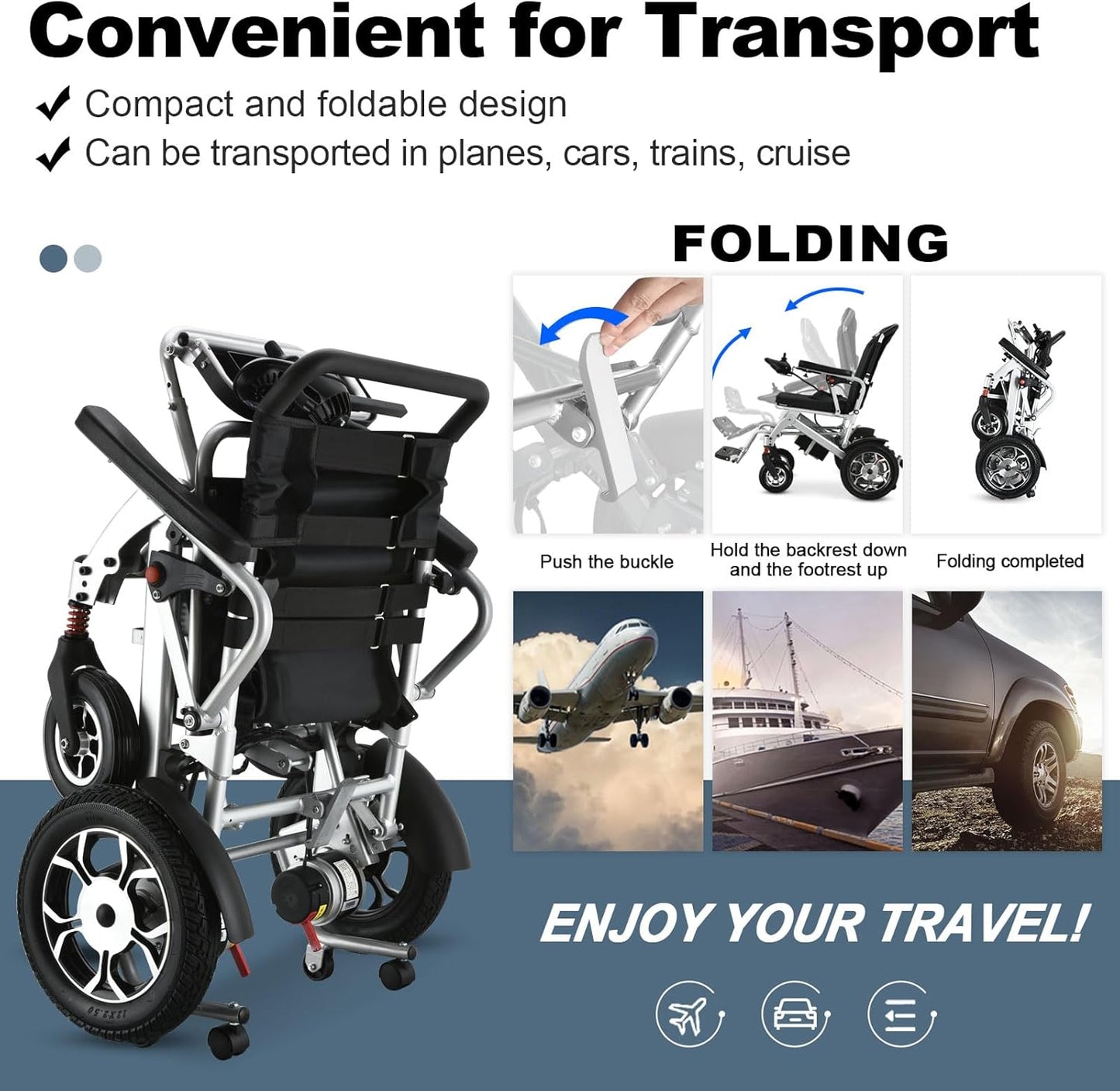 WEYRAL 55 lbs Lightweight Foldable Electric Wheelchair , Power Wheelchair 15 mile Range, Easy Storage & Detachable Battery,Silver