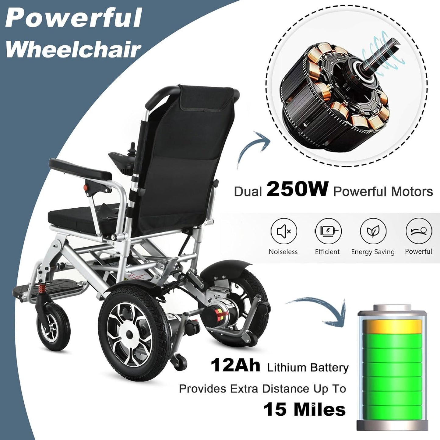 WEYRAL 55 lbs Lightweight Foldable Electric Wheelchair , Power Wheelchair 15 mile Range, Easy Storage & Detachable Battery,Silver