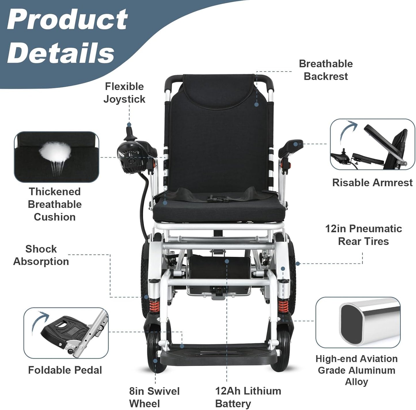 WEYRAL 55 lbs Lightweight Foldable Electric Wheelchair , Power Wheelchair 15 mile Range, Easy Storage & Detachable Battery,Silver