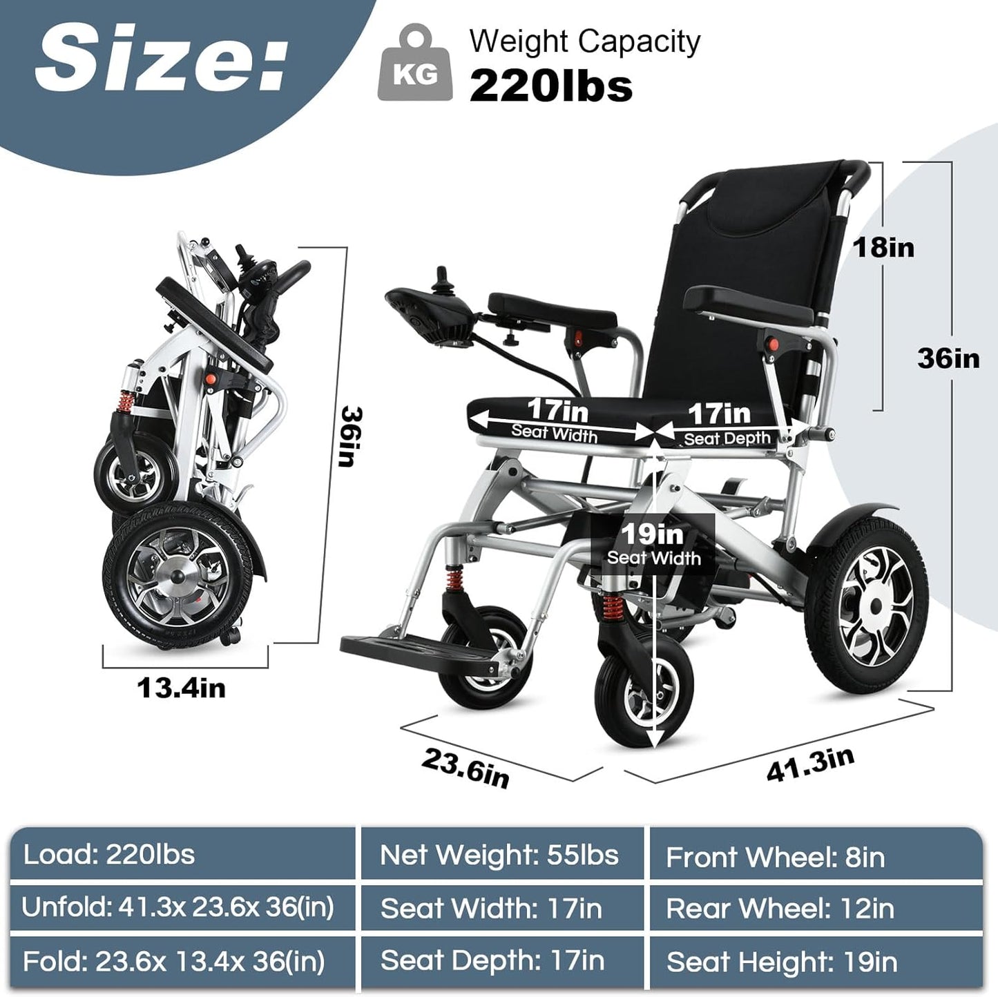 WEYRAL 55 lbs Lightweight Foldable Electric Wheelchair , Power Wheelchair 15 mile Range, Easy Storage & Detachable Battery,Silver