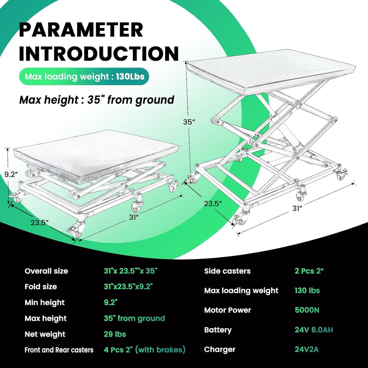 Electric Scissor Lift Table, 9.2''-35'' in Height Adjustable Lifting Platform, work bench table with 6 Wheels, Hydraulic Scissor Cart for Material Handling