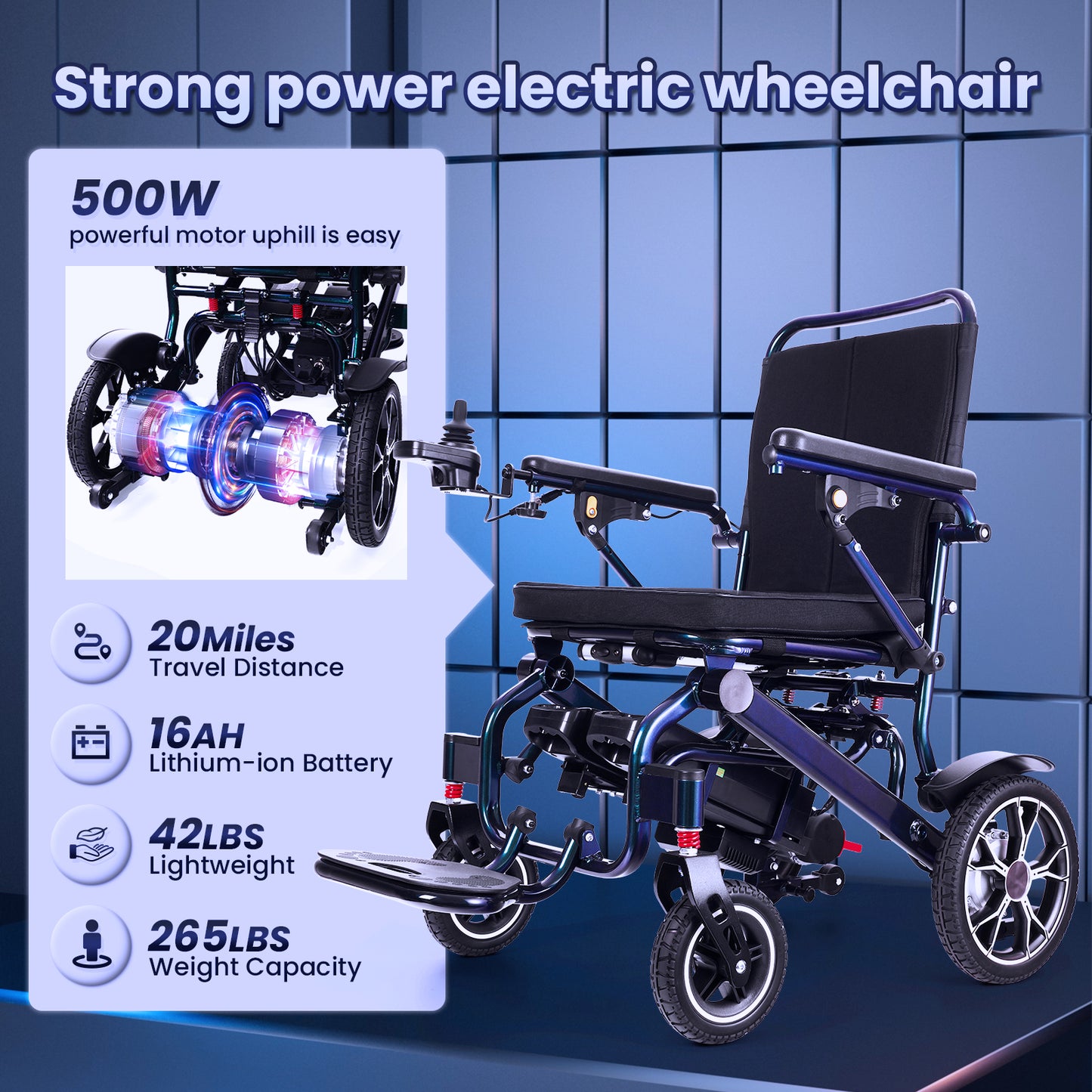 WEYRAL Electric Wheelchair with Telescopic Drawbar and Bluetooth Remote Control