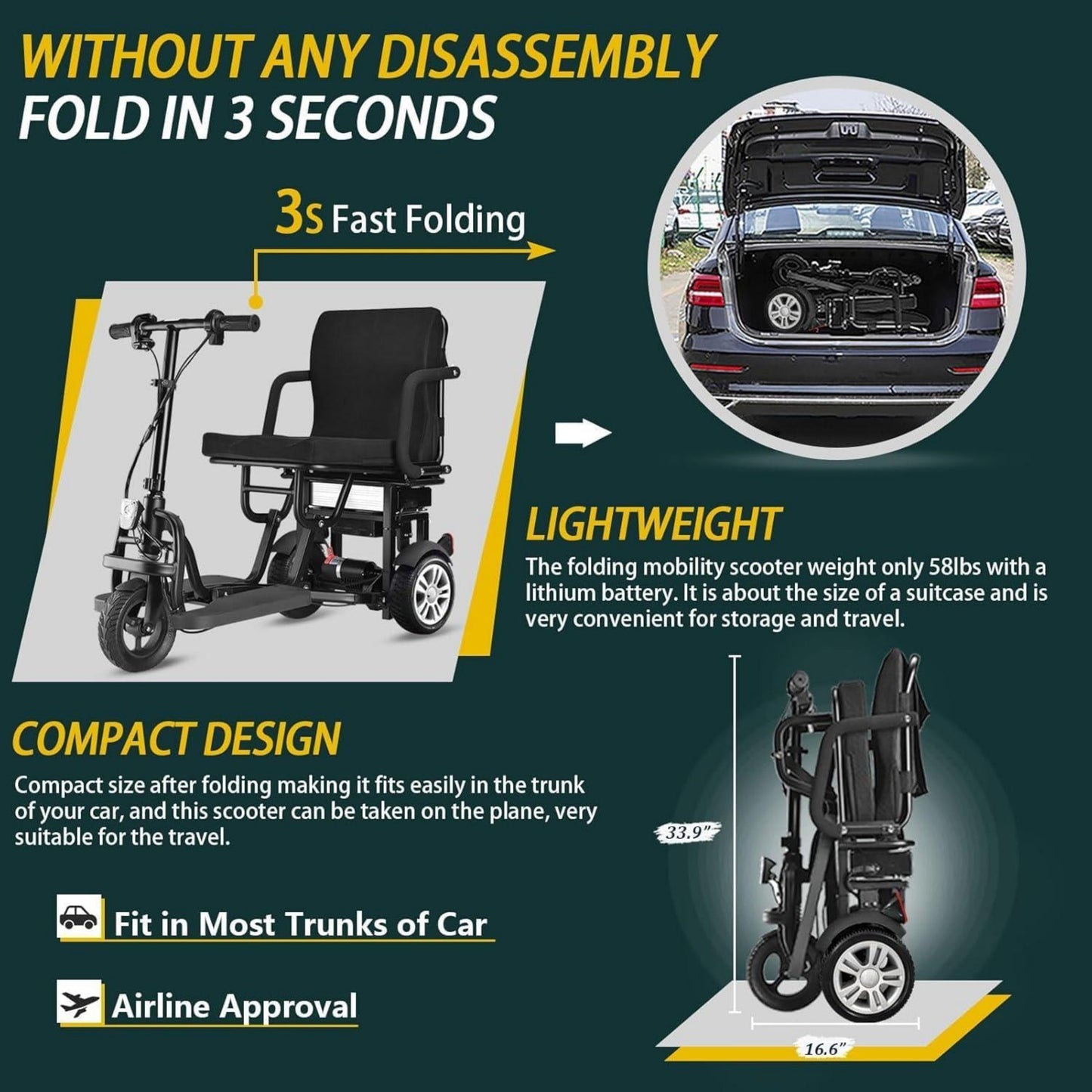 WEYRAL Folding Mobility Scooter Lightweight, Electric Scooters for Seniors Support 280 lbs, Long Range 25 Miles, Senior Scooter Airline Approved